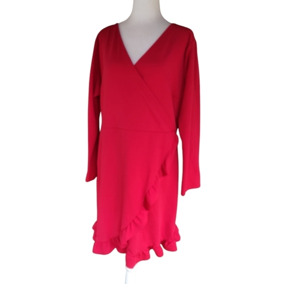 Pretty Little Thing Red Wrap Front Ruffle Detail Long Sleeve Dress Size 14 - Picture 3 of 9